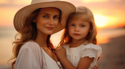 Summer sunset bonding: A mother and her daughter in white summer clothing stand on a beautiful beach, enjoying the warm colors of the sunset.