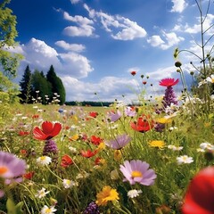 a field full of colorful flowers under a blue sky