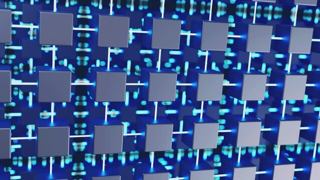 Blockchain Concept Background. Connected Blocks of the Global Decentralized Data Network. Abstract 3D Rendering. Footage Loop 4k