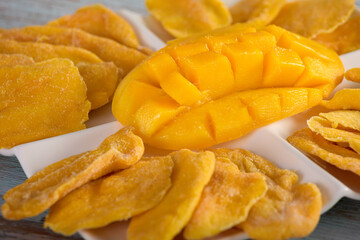 Close-up of juicy, delicious, ripe mango in yellow color, neatly chopped and arranged on a plate together with sliced candied fruits. Sweet flesh of ripe mango on a white platter with candied fruit