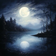 a painting of a full moon over a lake