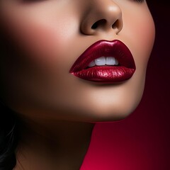 a woman's face with red lipstick and a black background