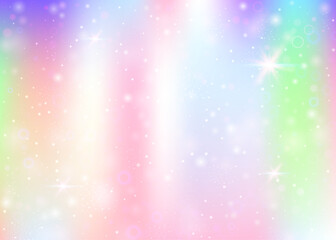 Holographic background with rainbow mesh. Liquid universe banner in princess colors. Fantasy gradient backdrop with hologram. Holographic magic background with fairy sparkles, stars and blurs.