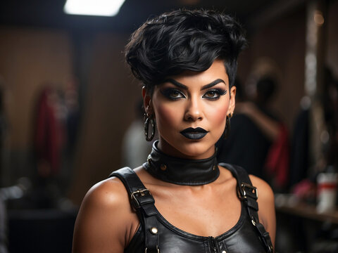 Close up of a drag queen with makeup and black leather clothing in backstage room. Female impersonator posing in dressing room