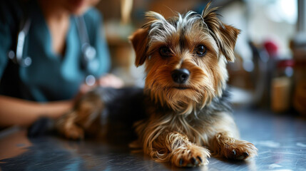 Portrait of the Little puppy with the doctor in clinic. Pet heath care.