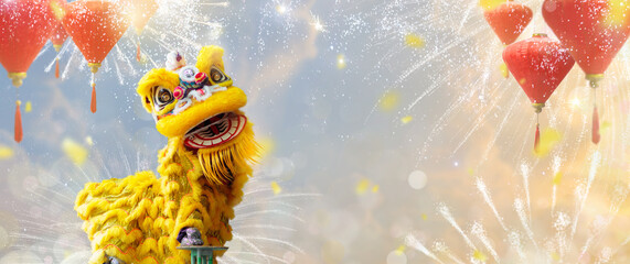 Lion dance on Chinese New Year celebration - obrazy, fototapety, plakaty
