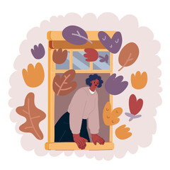 Thoughtful girl sitting on sill embracing knees looking at window, sad depressed teenager spending time alone at home, young upset pensive woman feeling lonely or frustrated thinking about problems