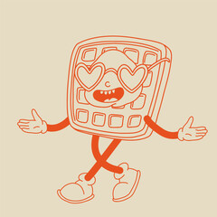 Valentine's Day set of funny vintage characters. Happy and cheerful retro. Old animation 60s 70s, groovy cartoon characters of coffee and sweets, donut, cupcake, espresso, latte, cocoa, cake. present.