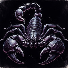 Square ratio chalk drawing that depicts a menacing giant scorpion, its exoskeleton glistening with a dark purple sheen against a black backdrop