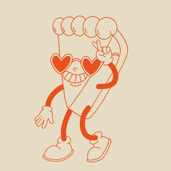 Valentine's Day set of funny vintage characters. Happy and cheerful retro. Old animation 60s 70s, groovy cartoon characters of coffee and sweets, donut, cupcake, espresso, latte, cocoa, cake. present.