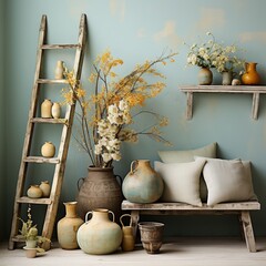 A beautiful still life of a rustic room with a ladder, bench, and pottery