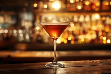 A glass of a Manhattan cocktail against the cozy backdrop of a bar with space for text