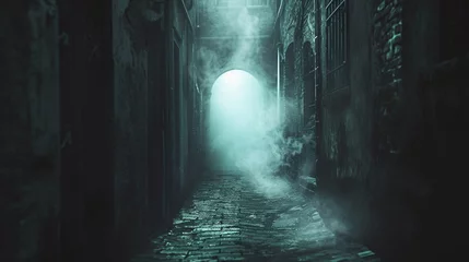 Cercles muraux Ruelle étroite Mystical Alleyway Entrance A narrow alley with a shimmering, smoke-filled portal, casting a mysterious glow Perfect for mystery novel covers or atmospheric video game levels