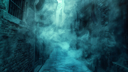 Mystical Alleyway Entrance A narrow alley with a shimmering, smoke-filled portal, casting a mysterious glow Perfect for mystery novel covers or atmospheric video game levels