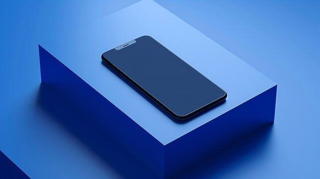 Modern Smartphone on Blue Surface The latest smartphone model on a solid blue platform with overclocking rendering detail Suitable for tech ads or gadget reviews
