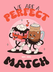 Valentine's Day set of funny vintage characters. Happy and cheerful retro. Old animation 60s 70s, groovy cartoon characters of coffee and sweets, donut, cupcake, espresso, latte, cocoa, cake. present.