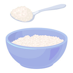 Cottage cheese in blue bowl, milk dairy product. Vector illustration. Cartoon healthy ricotta or cottage cheese, food production isolated on white