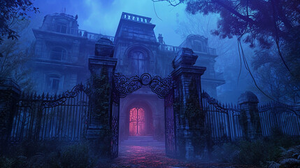 Haunted Mansion Entrance A spooky, dilapidated mansion with a ghostly glowing portal Perfect for horror game backgrounds or Halloween-themed events