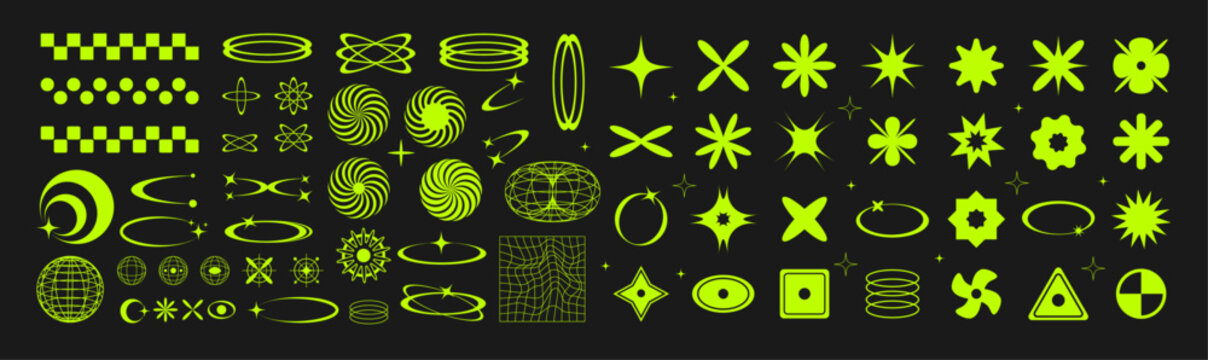 Psychedelic retro futuristic geometric shape elements. Y2K wireframes, acid shapes in vaporwave 80s and 90s. Acid y2k rave set. Cyberpunk neon vector collection.