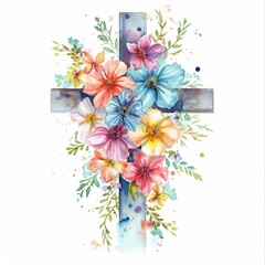 christian cross with cascading flowers, on white background, watercolor, pastel colors, feminine