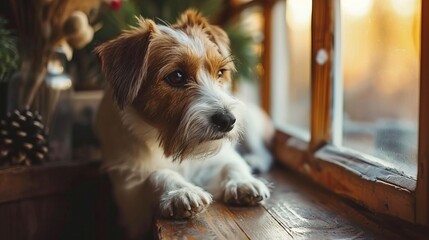 Small dog waiting by window, searching for owner indoors, bright sunny image with text space