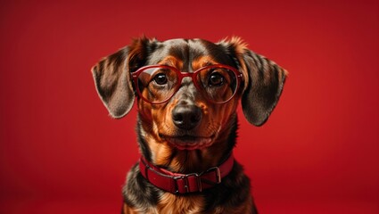 dog wearing glasses on a red background