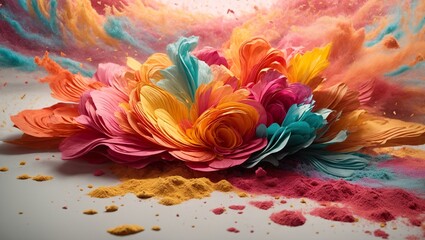 Abstract artistic depiction of Hindu festival Holi represented in vividly colored powder and paper cutout art.