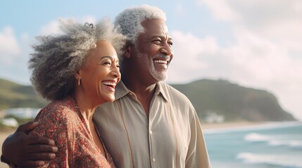 Authentic retirement bliss: A rear view of a happy senior African-American couple enjoying the sea and mountains on a cloudy day at the beach.