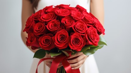 Floral elegance: A closeup of a woman holding a luxury bouquet of fresh red roses on a light background.