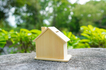 Wooden house model Natural backdrop (specified point) - obrazy, fototapety, plakaty