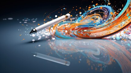 Artificial Intelligence in Graphic Design and Illustration. Digital pen surrounded by swirling lines of code and color, representing AI role in graphic design and digital illustration - Powered by Adobe