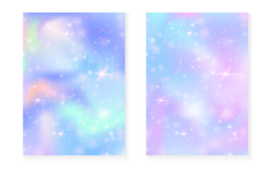 Magic background with princess rainbow gradient. Kawaii unicorn hologram.