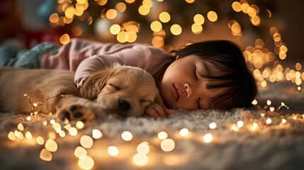 Obraz na płótnie Canvas Cute baby sleeping with adorable puppy in bright bedroom with lots of light and light overlay