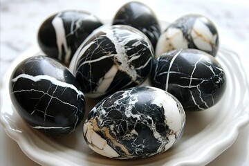 Elegant black and white marble easter eggs on white plate with clean minimalist backdrop