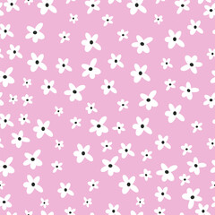 Seamless vector pattern in minimalistic style. Cute daisies on pink background . Vector illustration