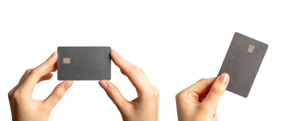 Hand holding bank debit card mockup, plastic bankcard, isolated on white background