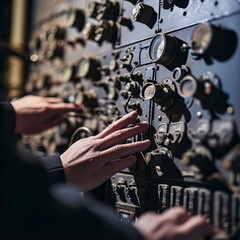 A close-up of hands adjusting dials and switches on a high-tech control panel, representing the meticulous management of the electricity demand record. The image features a sleek, monochromatic color 
