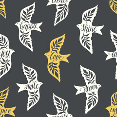 Fun birds inspirational words hand lettering seamless pattern. Decorative folk bird seamless texture