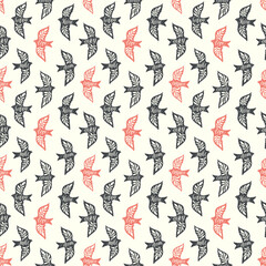 Fun birds inspirational words hand lettering seamless pattern. Decorative folk bird seamless texture