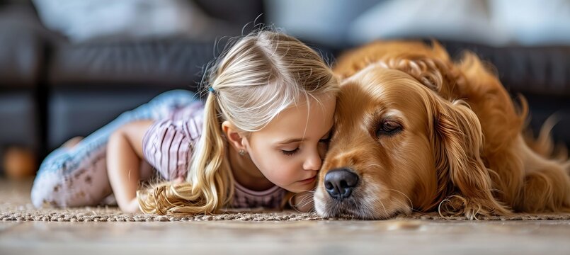 Small girl tenderly kisses dog s nose by the big window, with ample empty space for text