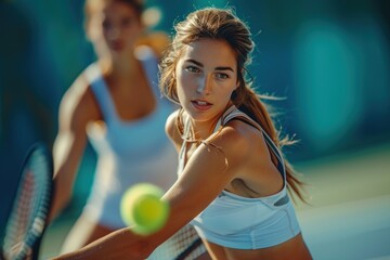 Two beautiful young women playing tennis on the tennis court. Focus on girl