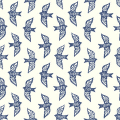 Fun birds inspirational words hand lettering seamless pattern. Decorative folk bird seamless texture