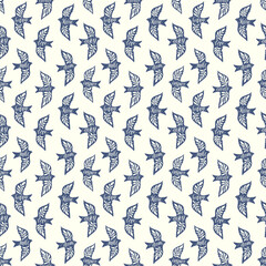 Fun birds inspirational words hand lettering seamless pattern. Decorative folk bird seamless texture