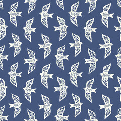 Fun birds inspirational words hand lettering seamless pattern. Decorative folk bird seamless texture