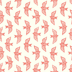 Fototapeta premium Fun birds inspirational words hand lettering seamless pattern. Decorative folk bird seamless texture
