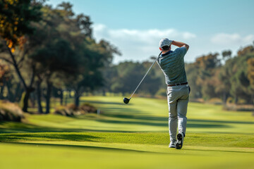 Free photo back view of a male golfer swinging golf club