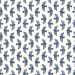 Fun birds inspirational words hand lettering seamless pattern. Decorative folk bird seamless texture