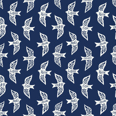Fun birds inspirational words hand lettering seamless pattern. Decorative folk bird seamless texture