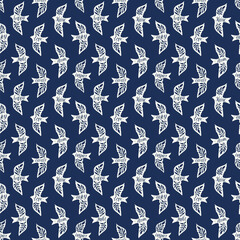 Fun birds inspirational words hand lettering seamless pattern. Decorative folk bird seamless texture
