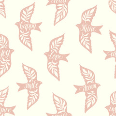 Obraz premium Fun birds inspirational words hand lettering seamless pattern. Decorative folk bird seamless texture